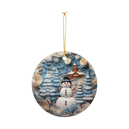 Ceramic Christmas Ornament with Snowman Winter Wonderland Design   Item #847496