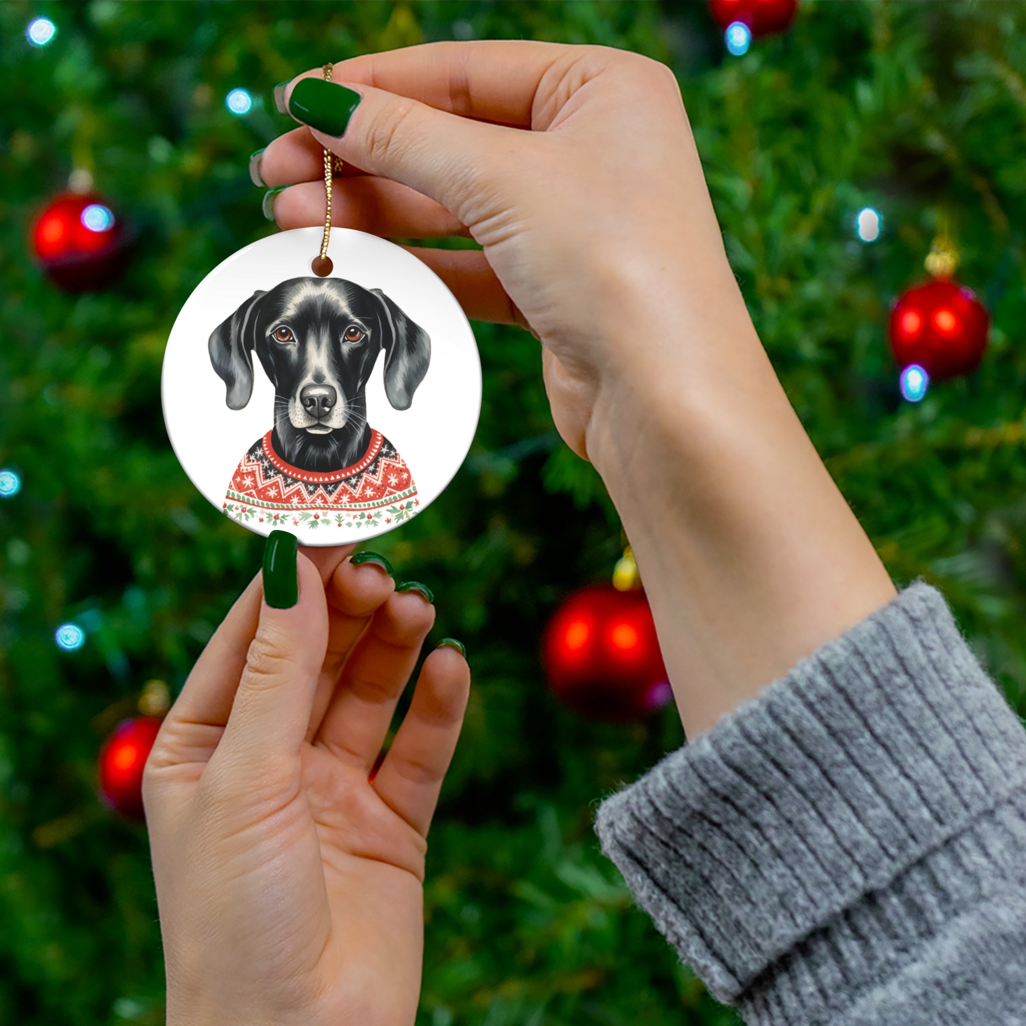 Dog With Christmas Sweater Ceramic Disc Ornament           Item #73659