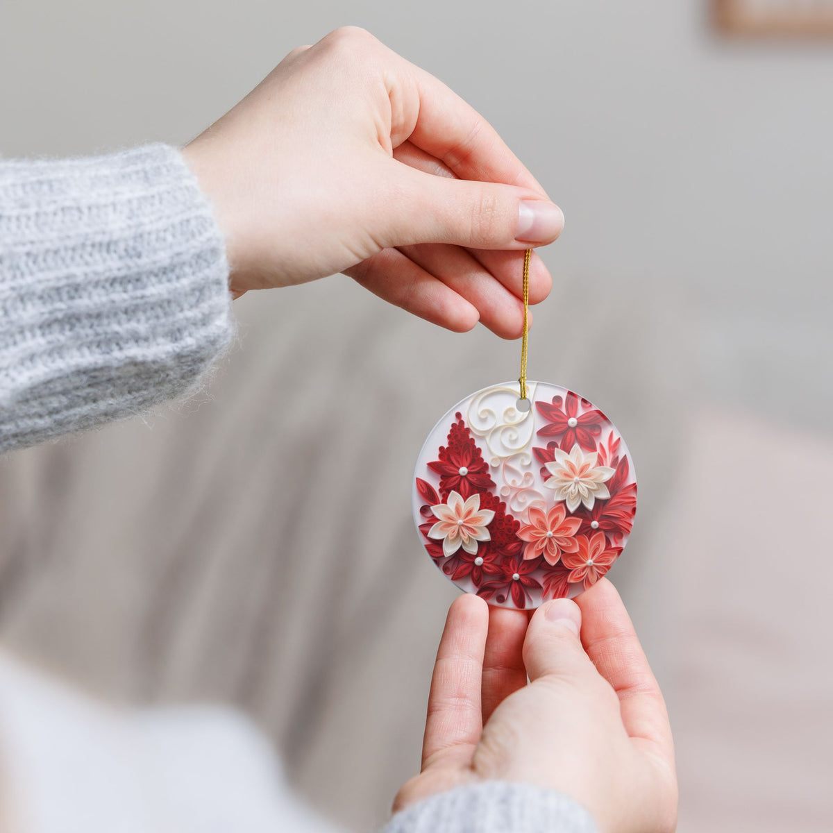 Red Floral Ceramic Christmas Ornament    Item #781178
