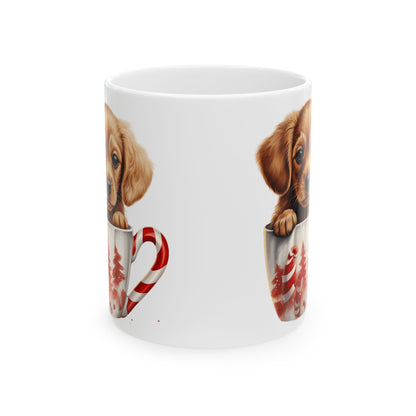 Christmas Dog Sitting In A Christmas Cup with Candy Cane Handle Christmas Mug 11oz   Item #397737