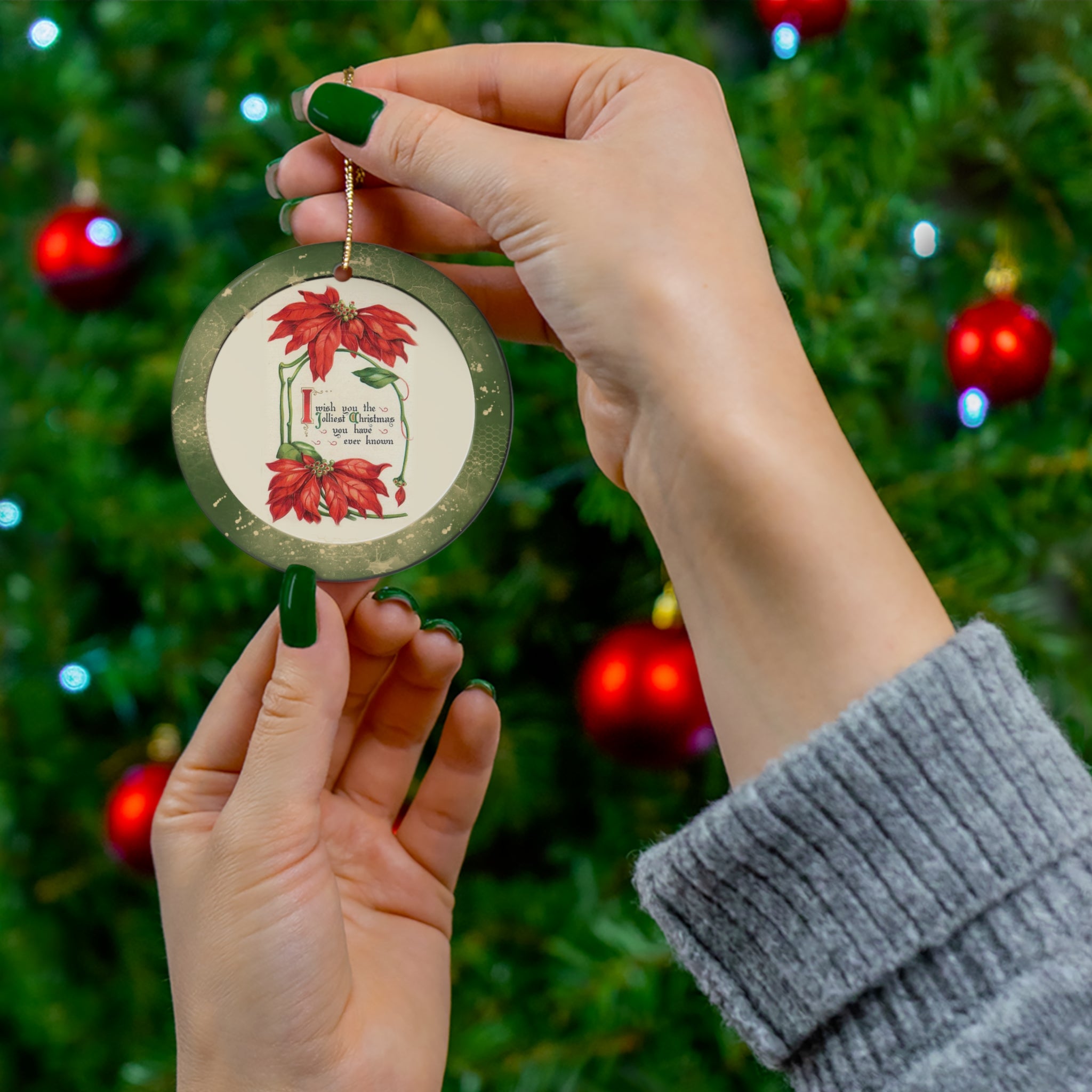 Poinsette Ceramic Disc Ornament       Item #908067