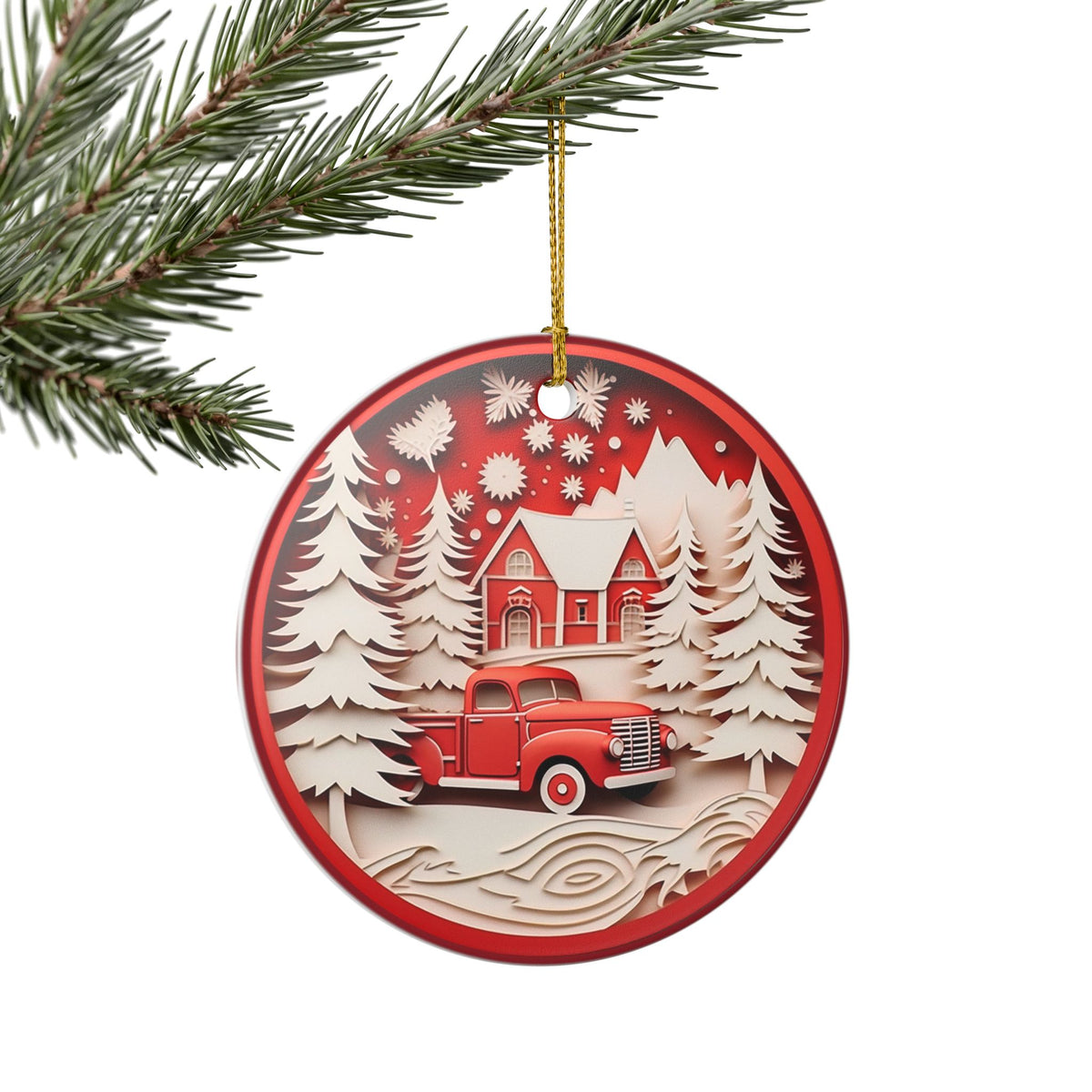 Christmas Ceramic Ornament, Vintage Red Truck Winter Cabin Scene   Item #360873