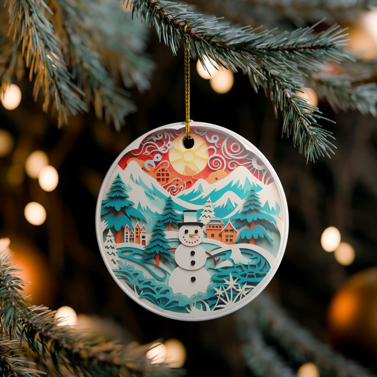 Ceramic Christmas Ornament – Winter Wonderland Snowman Mountain Scene   Item #826779