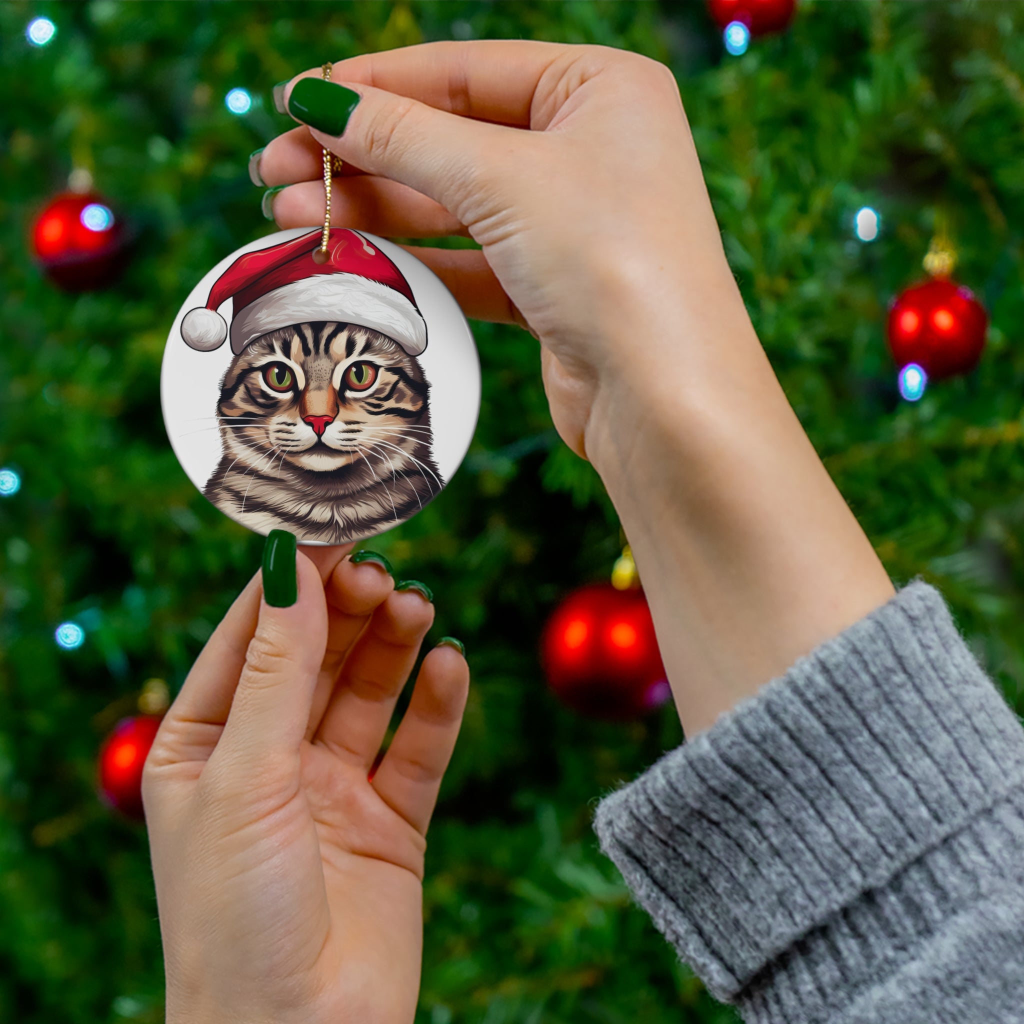 Ceramic Ornament - Brazilian Shorthair Cat With Santa Hat      Item #7695673