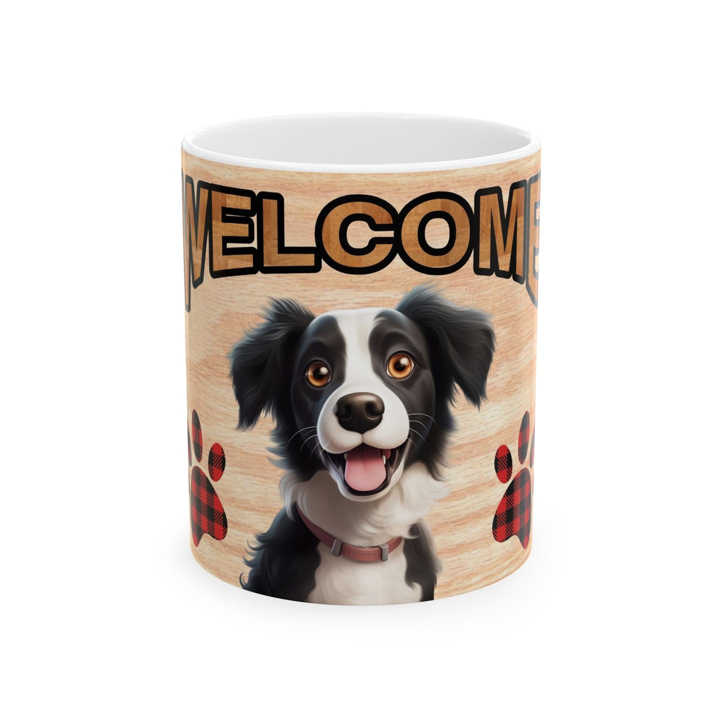 Welcome Dog Illustration Ceramic Mug – Cute Paw Print Coffee Cup 11oz    Item #660432