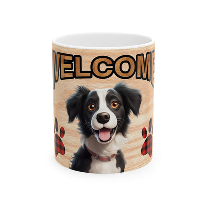 Welcome Dog Illustration Ceramic Mug – Cute Paw Print Coffee Cup 11oz    Item #660432