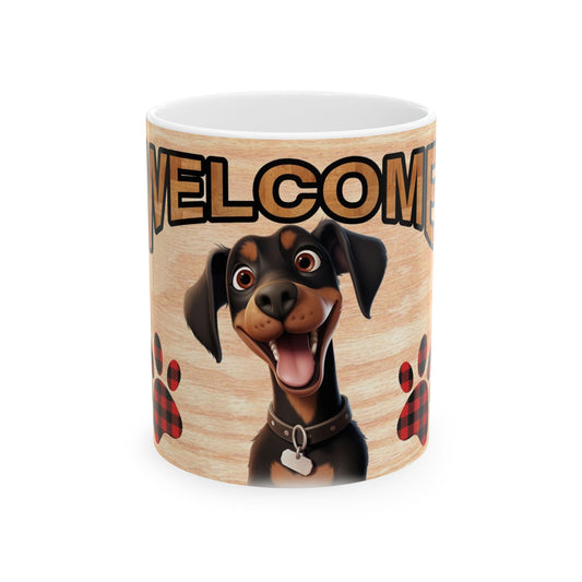 Welcome Dog Illustration Ceramic Mug – Cute Paw Print Coffee Cup 11oz    Item #748554