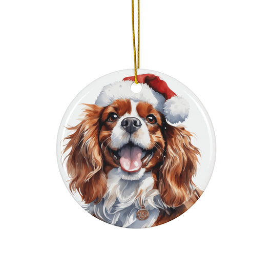 Cavalier King Charles Spaniel Dog With Santa Hat Ceramic Disc Ornament        Item #5657464