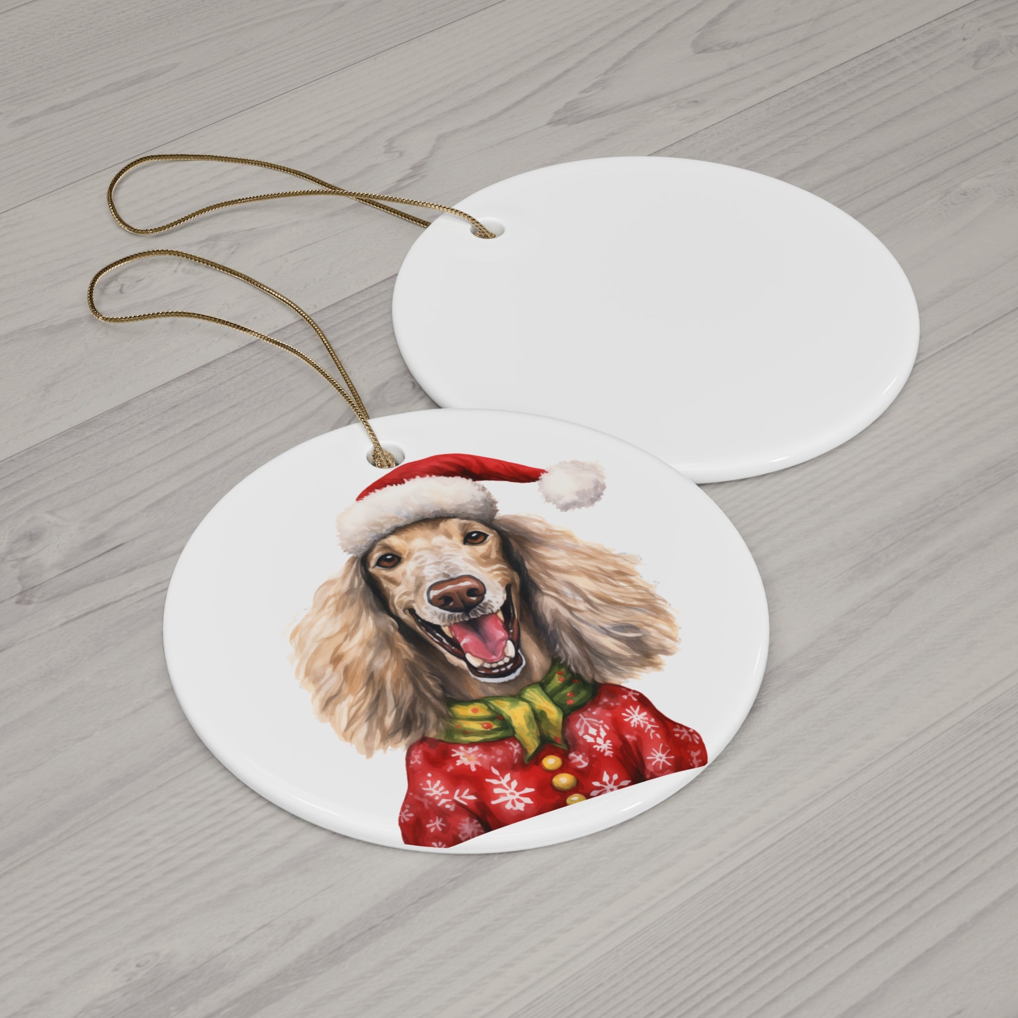Dog With Christmas Sweater Ceramic Disc Ornament         Item #882112