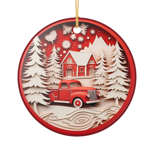 Christmas Ceramic Ornament, Vintage Red Truck Winter Cabin Scene   Item #360873