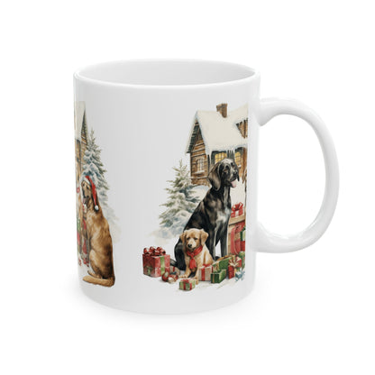 Mindful Morning Mug — Christmas Yoga Woman with Dogs Ceramic Coffee Cup 11oz   Item #837142