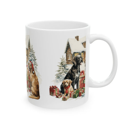 Mindful Morning Mug — Christmas Yoga Woman with Dogs Ceramic Coffee Cup 11oz   Item #837142
