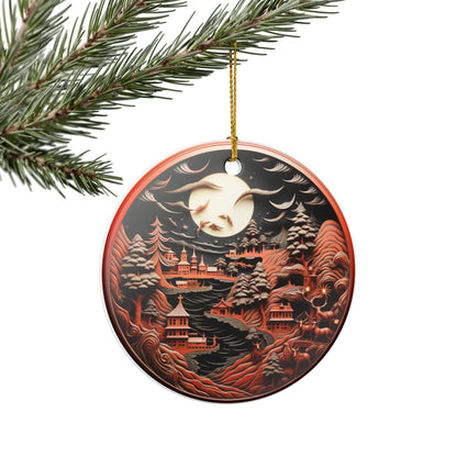 Ceramic Ornament – Enchanted Moonlit Mountain Village Holiday Decor   Item #317359