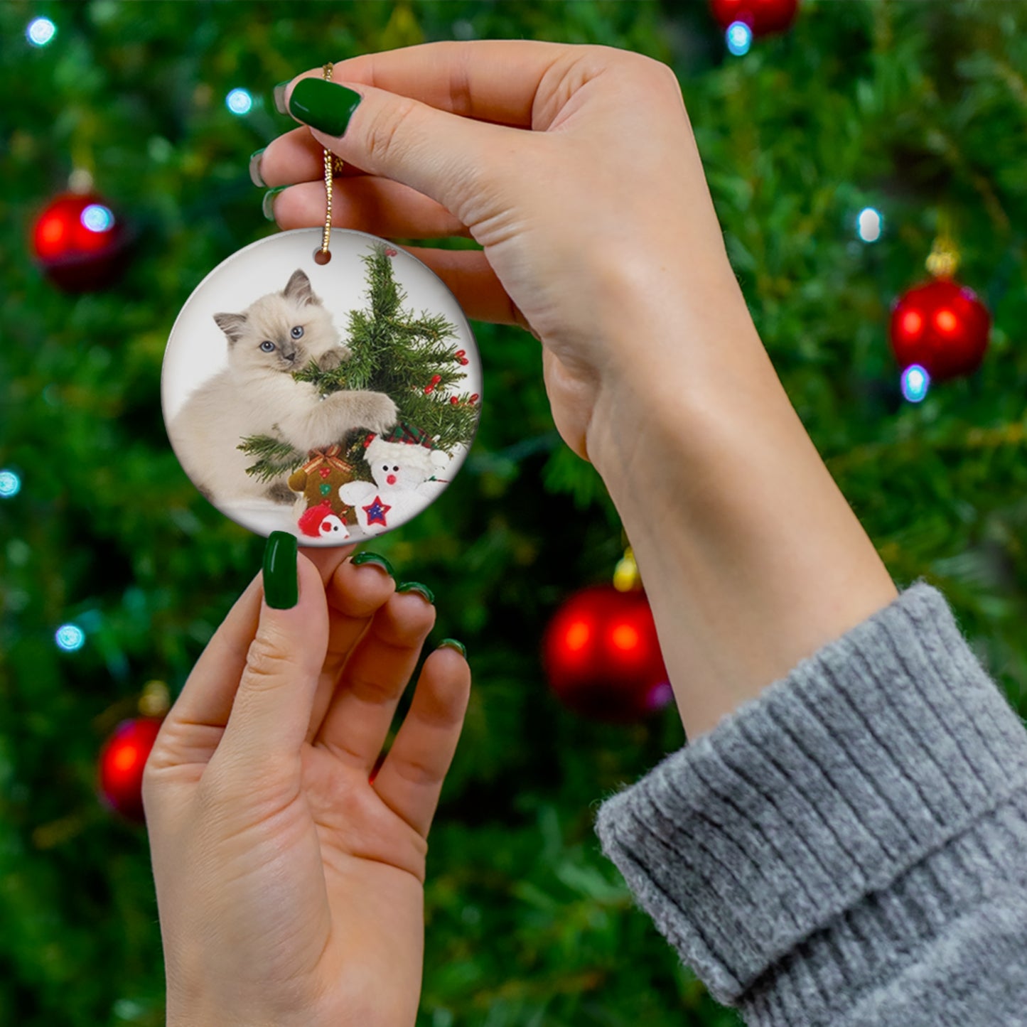 Christmas Cat Ceramic Disc Ornament        Item #4022018