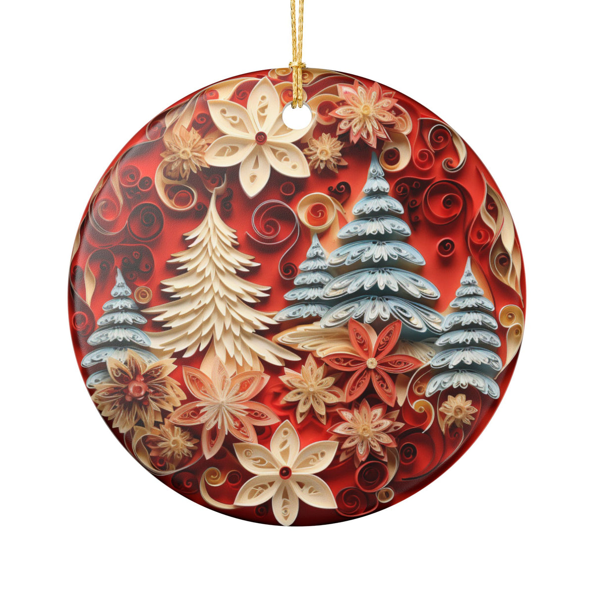 Christmas Ceramic Ornament with Festive Trees and Poinsettias   Item #232561