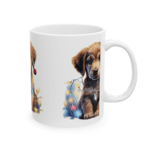 Christmas Puppy Ceramic Mug — Cute Dog with Holiday Lights 11oz   Item #197116