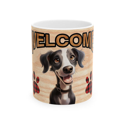 Welcome Dog Illustration Ceramic Mug – Cute Paw Print Coffee Cup 11oz    Item #379561