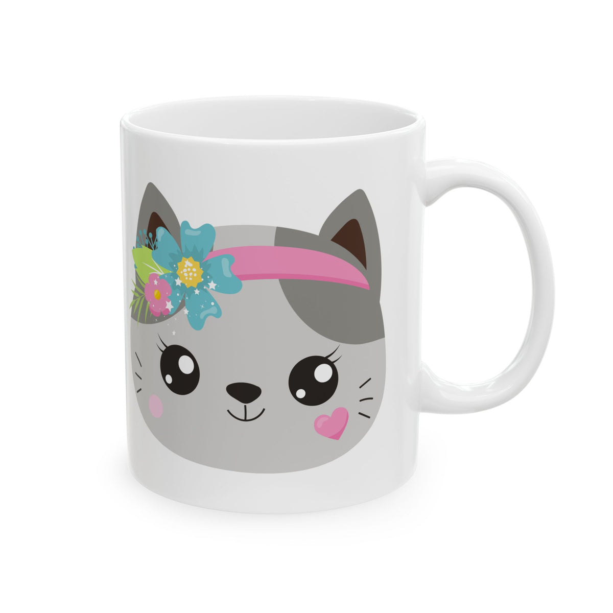 Cute Cat Face Mug with Floral & Headband Designs — Ceramic Coffee Tea Cup 11oz   Item #297585