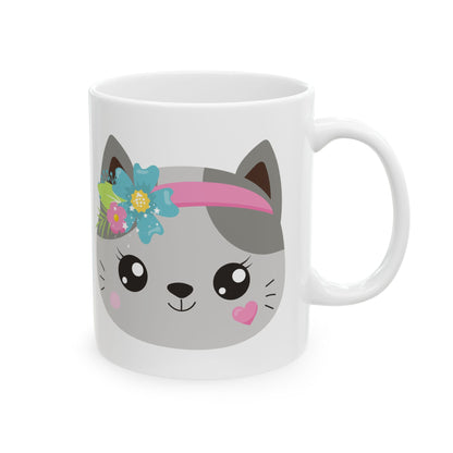Cute Cat Face Mug with Floral & Headband Designs — Ceramic Coffee Tea Cup 11oz   Item #297585