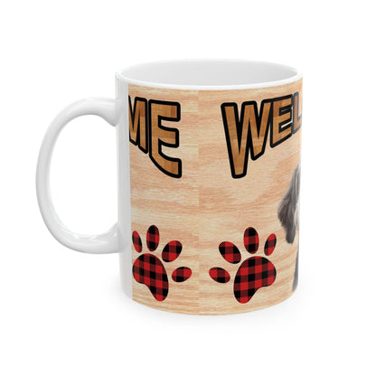 Welcome Home Dog Mug - Cute Puppy Coffee Cup with Buffalo Plaid Paw Prints 11oz   Item #618259