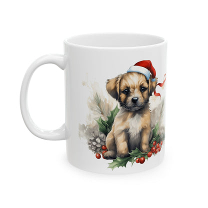 Christmas Puppy In Santa Hat Holly Berry Holiday Ceramic Mug 11oz   Item #694995