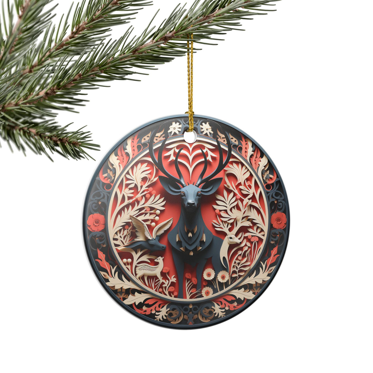 Ceramic Ornament – Nordic Reindeer and Botanical Christmas Tree Decoration    Item #968933