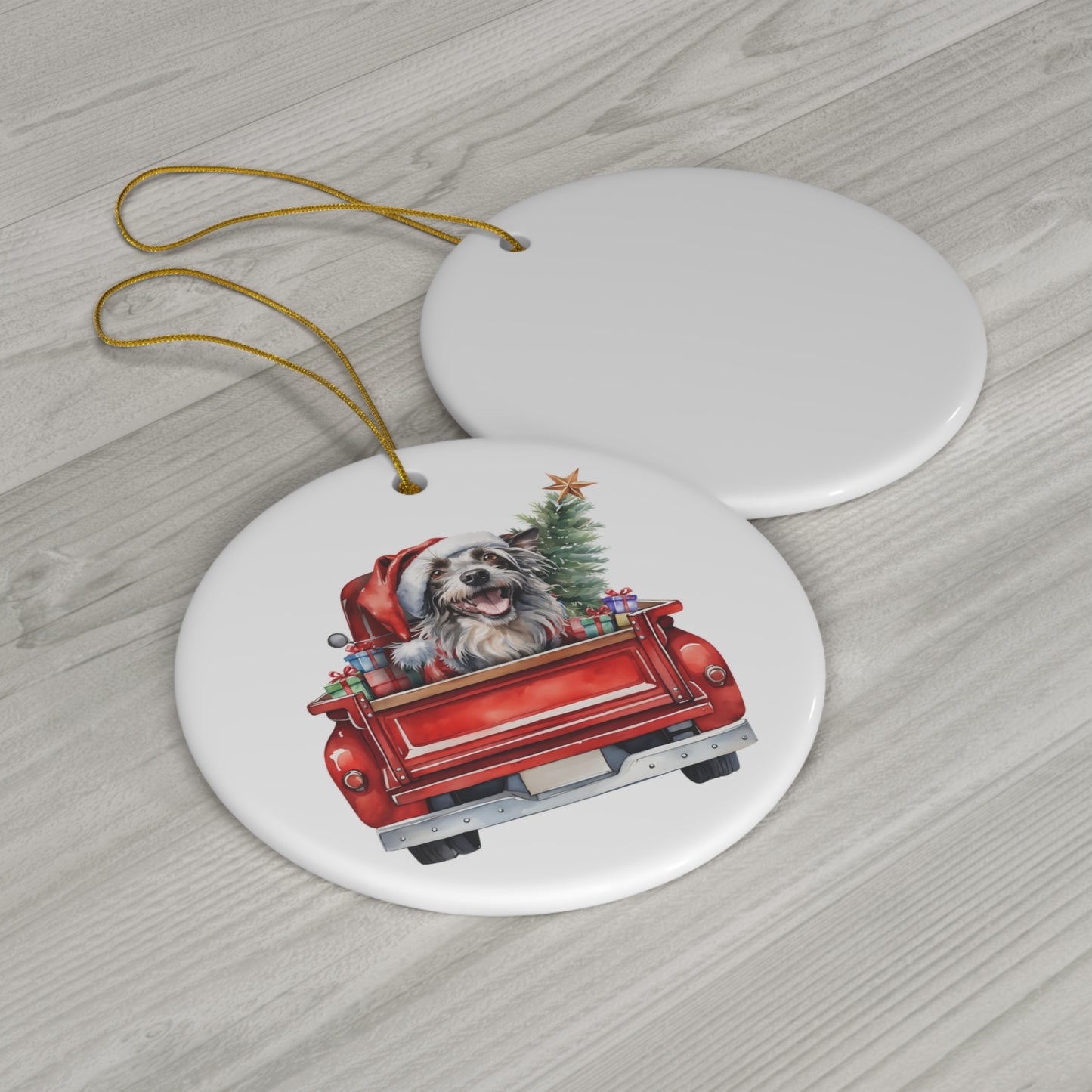 Chinese Crested Christmas Dog In Red Truck Ceramic Disc Ornament         Item #72558