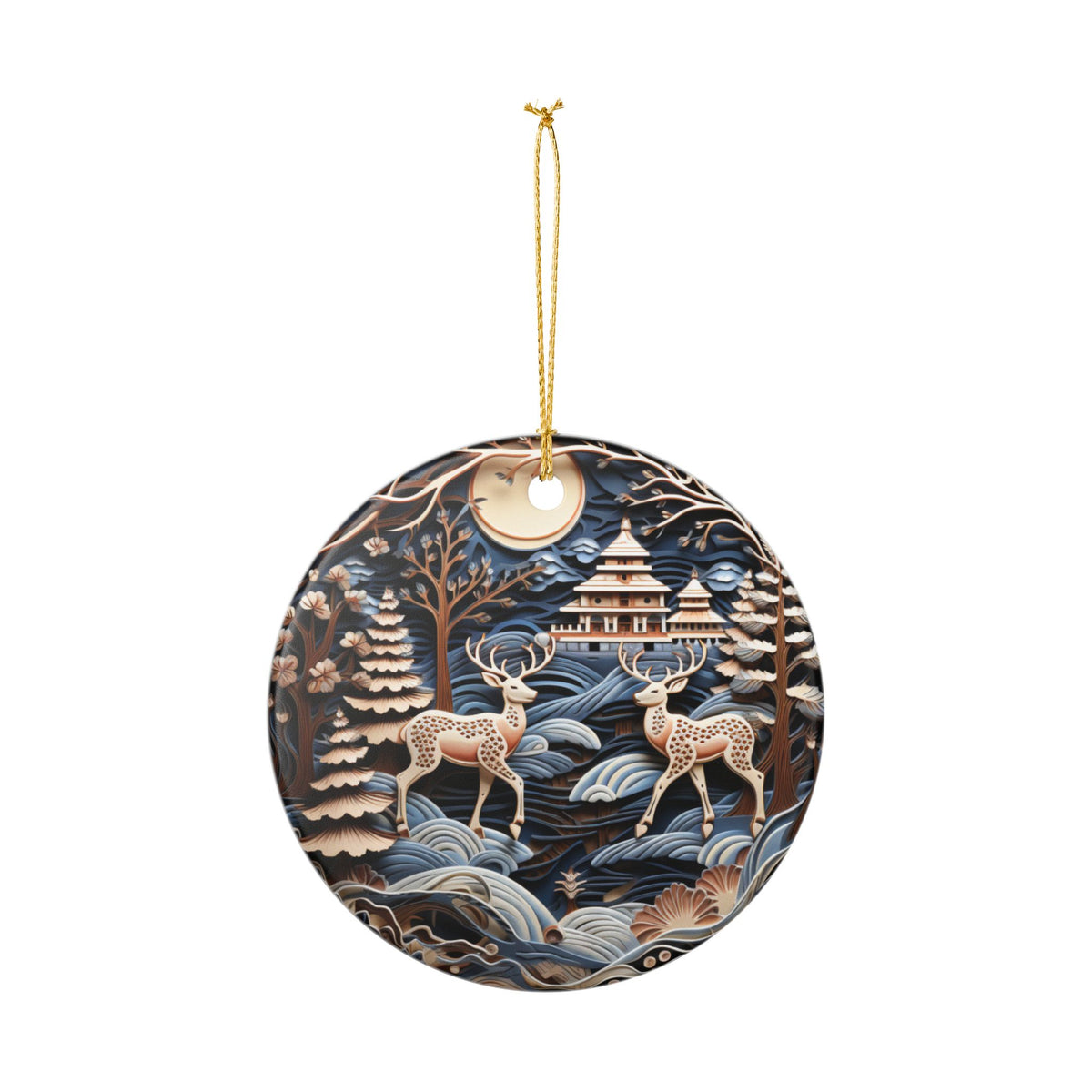 Japanese Pagoda and Deer Ceramic Ornament    Item #615396