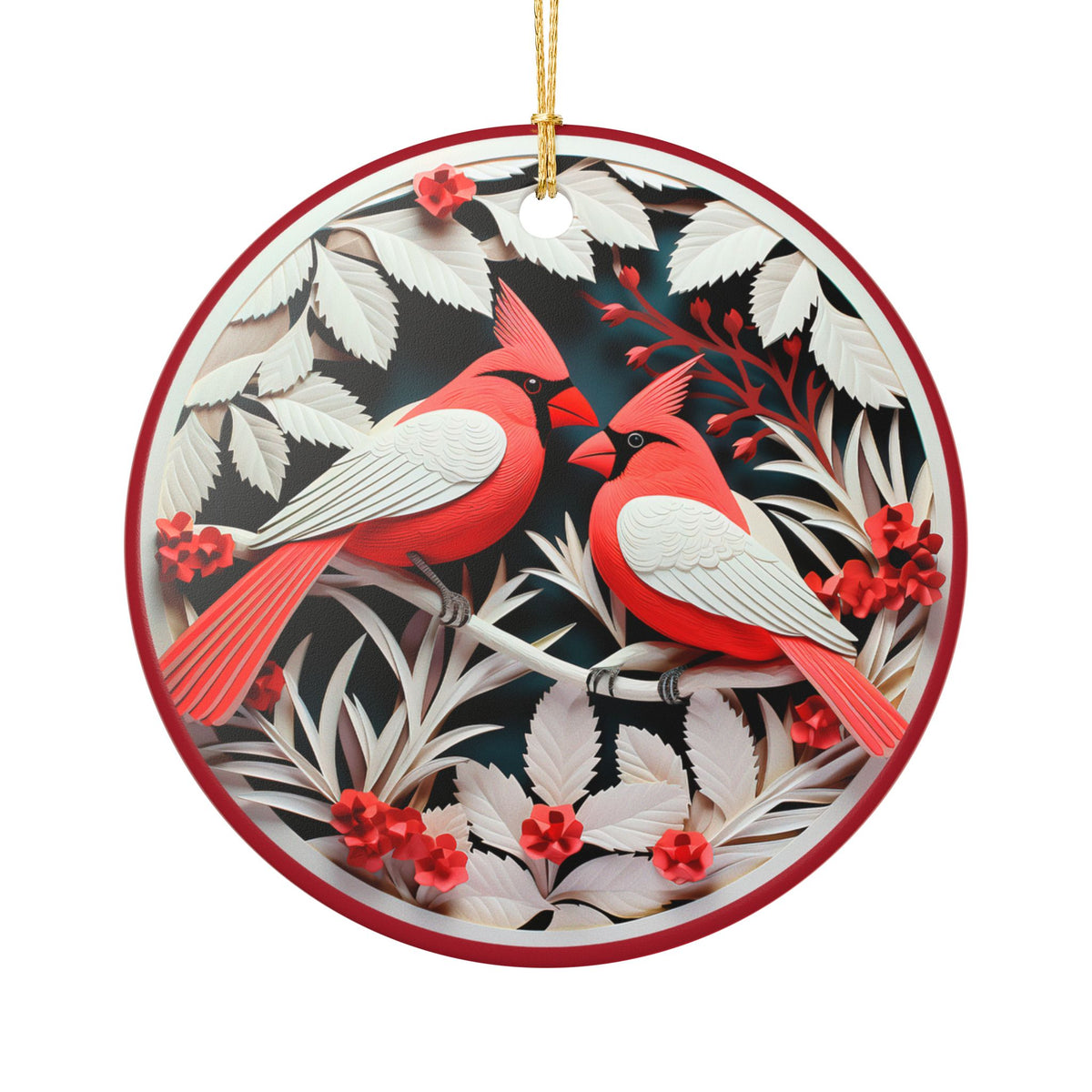 Ceramic Ornament with Red Cardinals and Winter Foliage   Item #416451