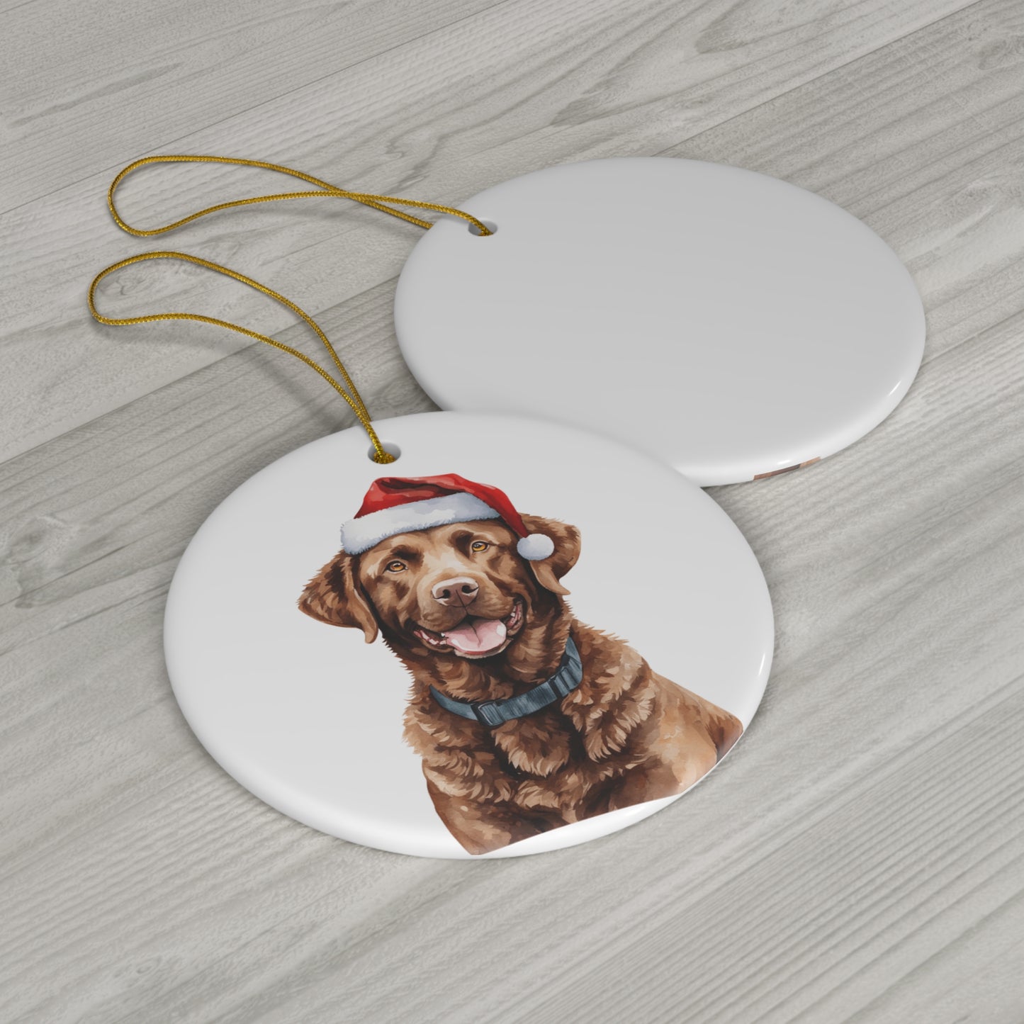 Chesapeake Bay Retriever Dog With Santa Hat Ceramic Disc Ornament        Item #7403504