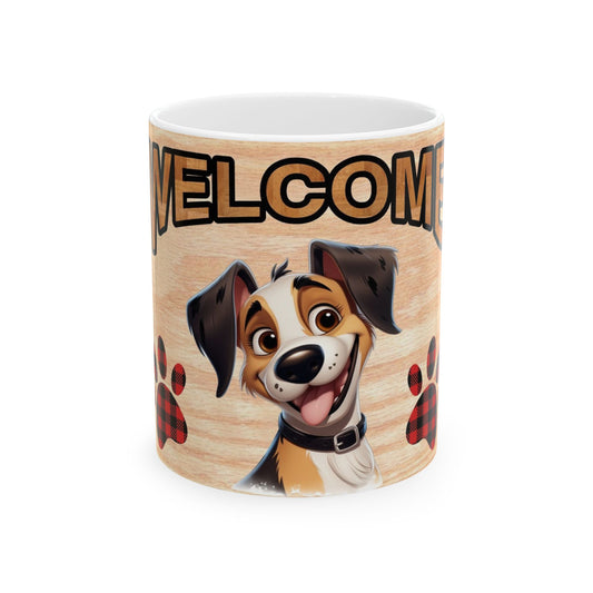 Welcome Dog Illustration Ceramic Mug – Cute Paw Print Coffee Cup 11oz    Item #764199