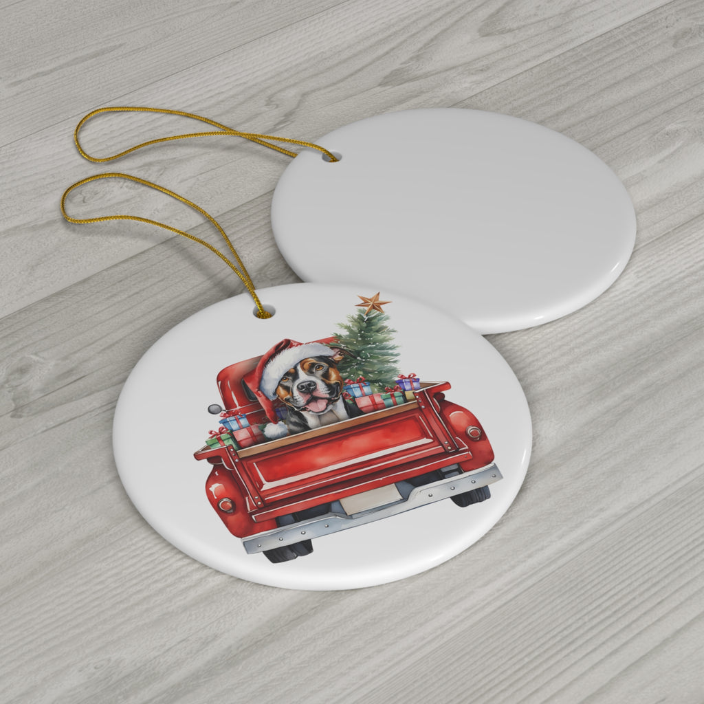 American Staffordshire Terrier Christmas Dog In Red Truck Ceramic Disc Ornament         Item #6542241