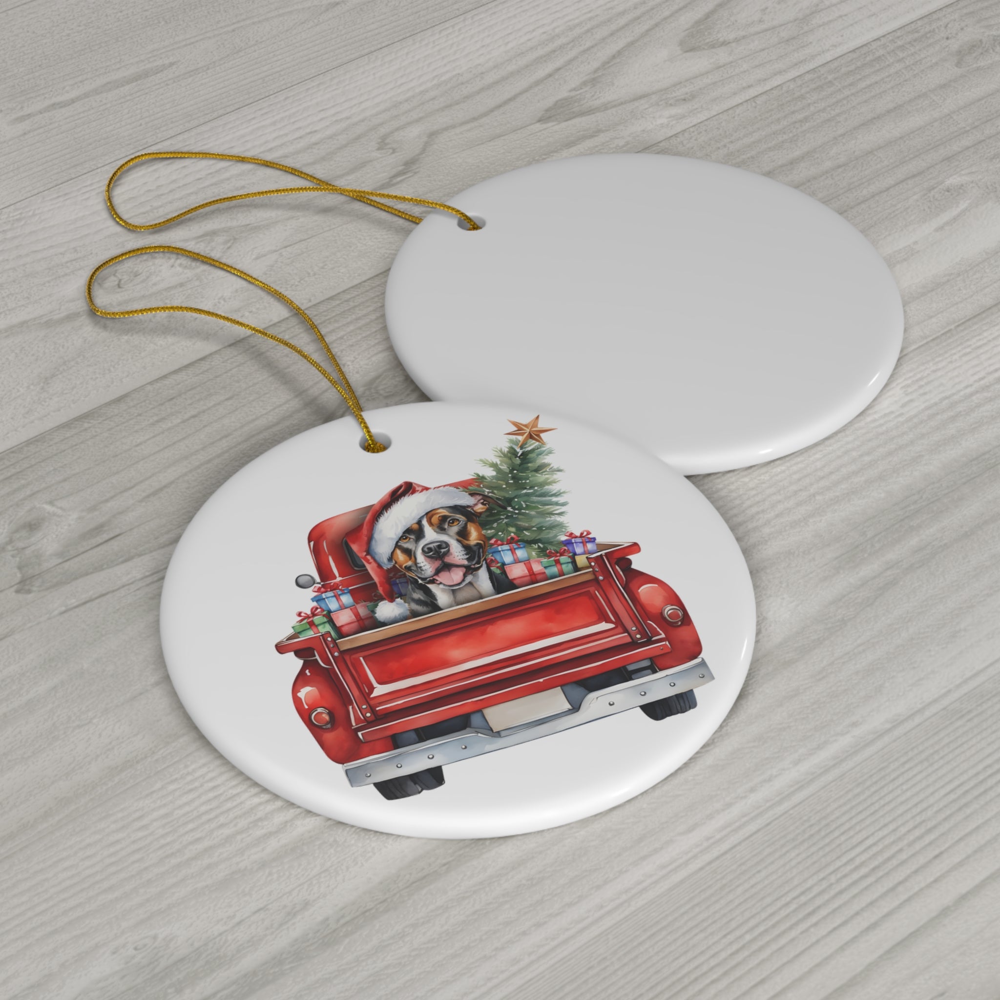 American Staffordshire Terrier Christmas Dog In Red Truck Ceramic Disc Ornament         Item #6542241