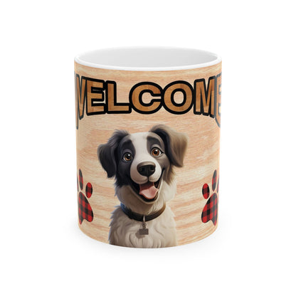 Welcome Dog Illustration Ceramic Mug – Cute Paw Print Coffee Cup 11oz    Item #532783