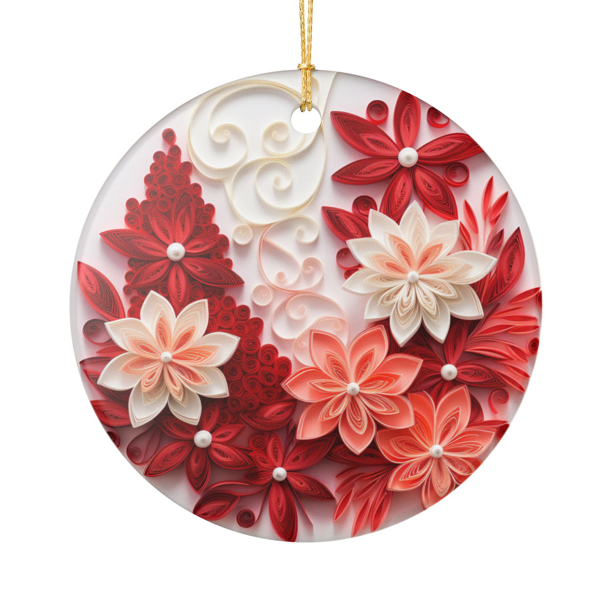 Red Floral Ceramic Christmas Ornament    Item #781178
