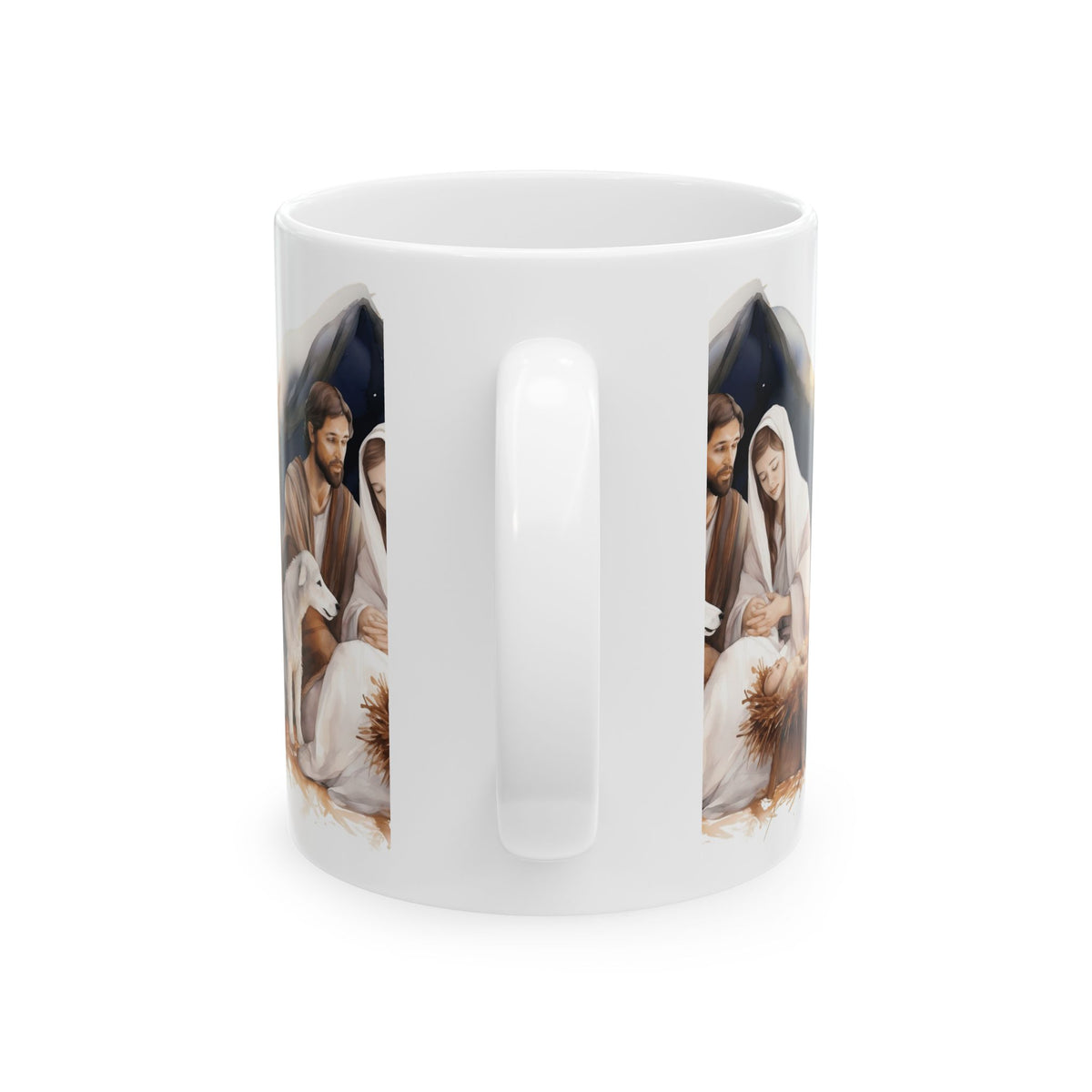 Nativity Scene Ceramic Mug — Mary, Joseph & Baby Jesus Christmas Coffee Cup 11oz  Item #683404