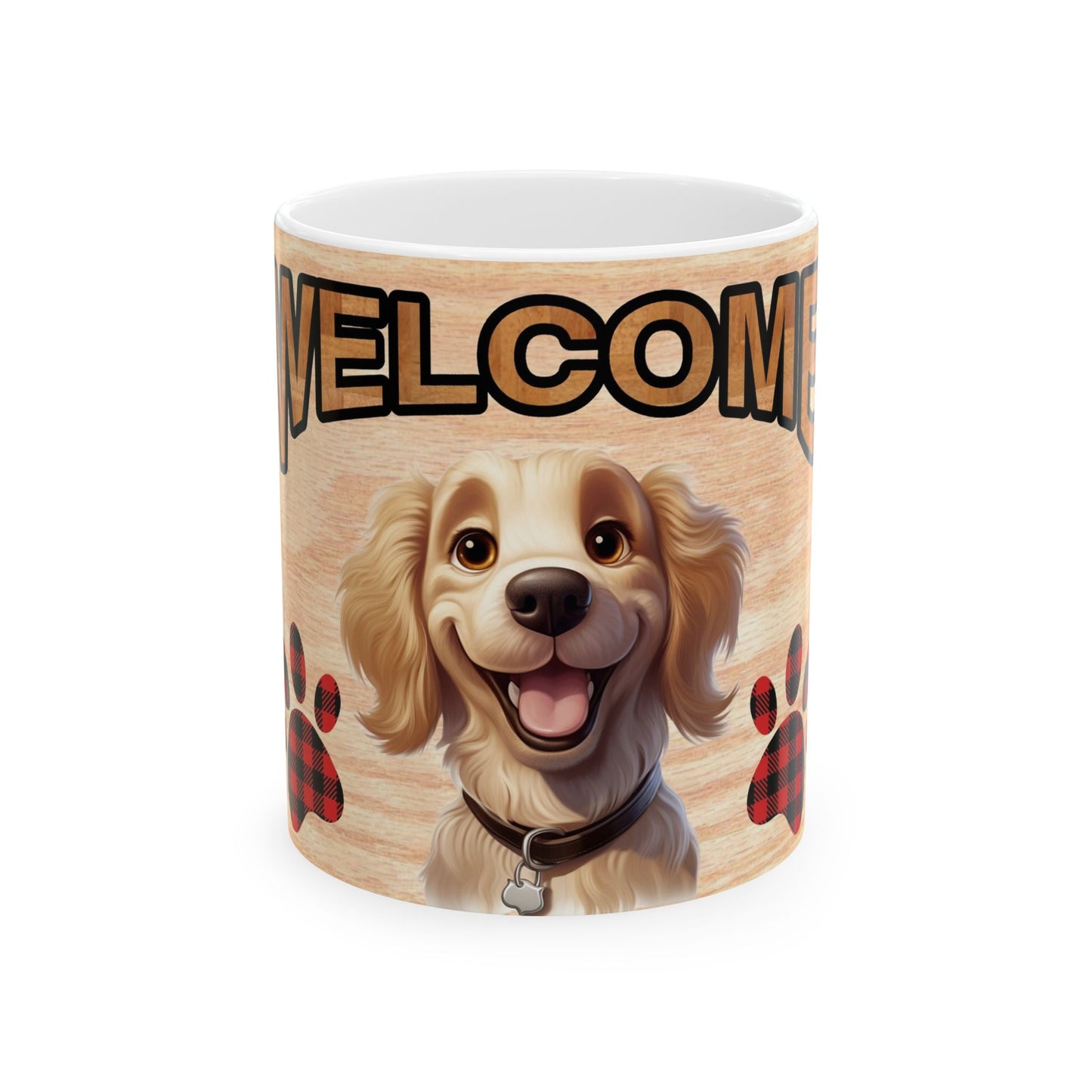 Welcome Dog Illustration Ceramic Mug – Cute Paw Print Coffee Cup 11oz    Item #86948