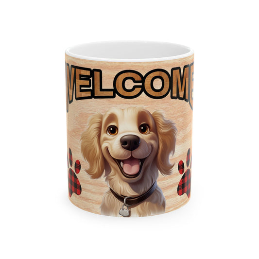 Welcome Dog Illustration Ceramic Mug – Cute Paw Print Coffee Cup 11oz    Item #86948