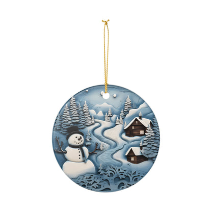 Ceramic Christmas Ornament – Snowy Winter Wonderland with Snowman and Cabins    Item #849978