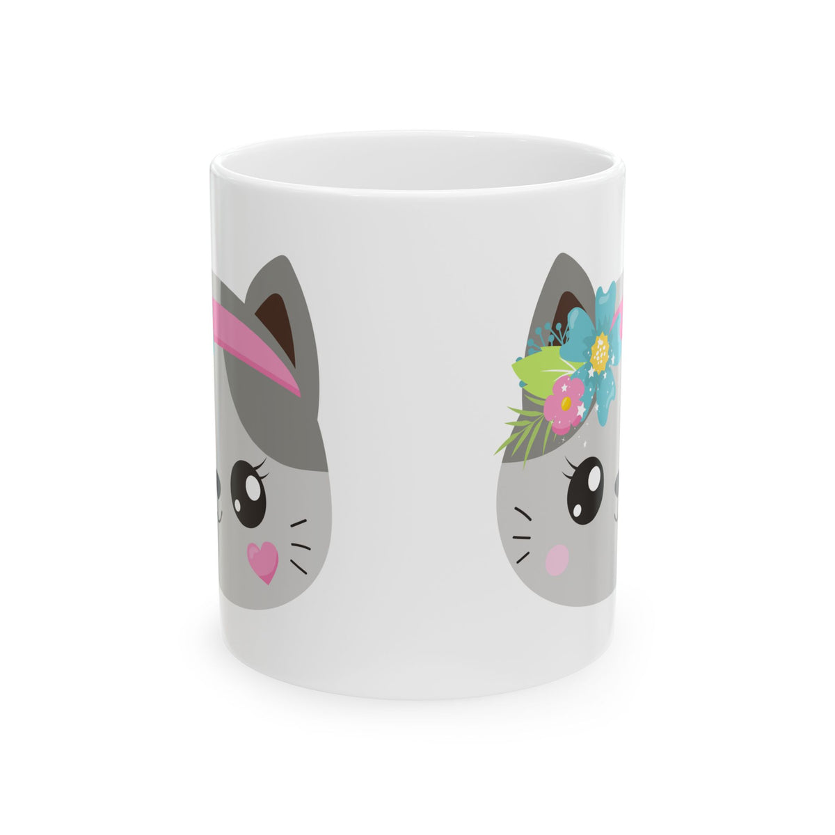 Cute Cat Face Mug with Floral & Headband Designs — Ceramic Coffee Tea Cup 11oz   Item #297585