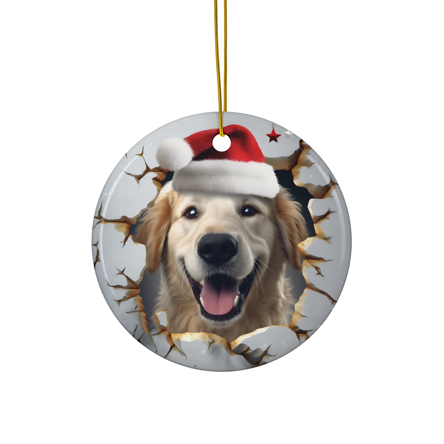 3D Dog With Santa Hat Breaking Out Ceramic Disc Ornament             Item #713244