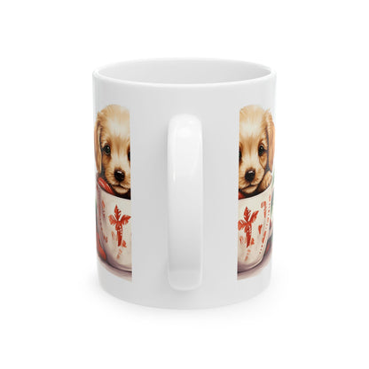 Cute Puppy in Holiday Teacup Mug — Christmas Puppy Ceramic Coffee Cup 11oz  Item #70807