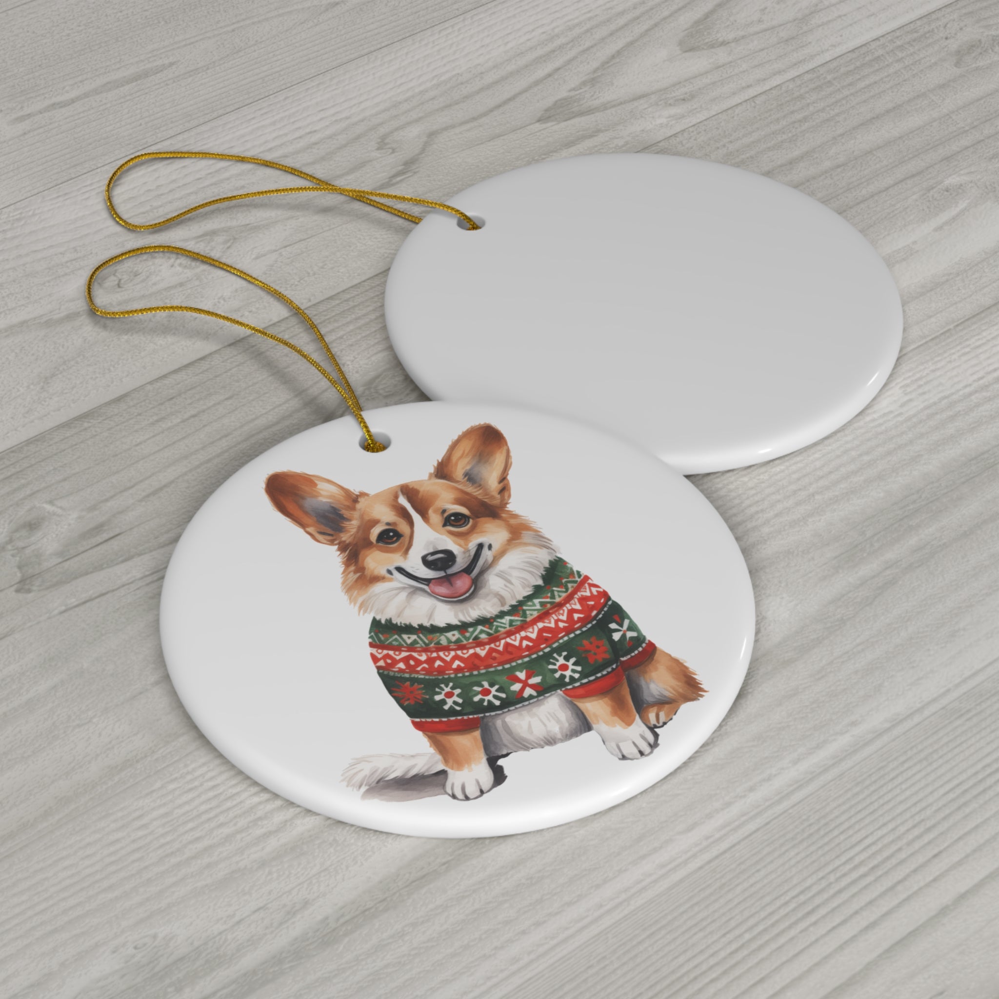 Dog With Christmas Sweater Ceramic Disc Ornament              Item #3143298