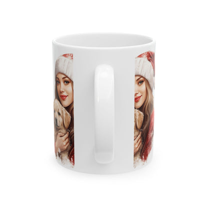 Christmas Girl with Puppy Ceramic Mug – Holiday Santa Hat Coffee Cup 11oz   Item #897846