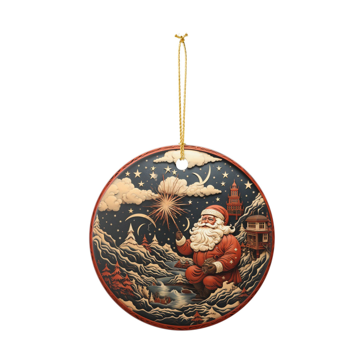 Ceramic Christmas Ornament with Santa in Winter Wonderland    Item #613384