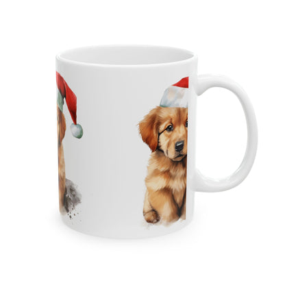 Christmas Puppy Mug — Cute Golden Retriever Puppy Wearing Santa Hat, Holiday Coffee Cup 11oz  Item #365853