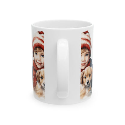 Holiday Child & Puppy Ceramic Mug — Cute Winter Christmas Coffee Cup 11oz  Item #917644