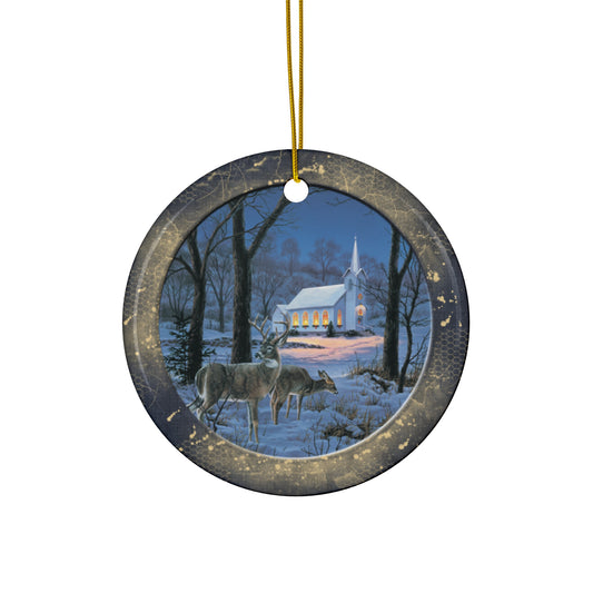 Winter Deer Scene Ceramic Disc Ornament             Item #5732376