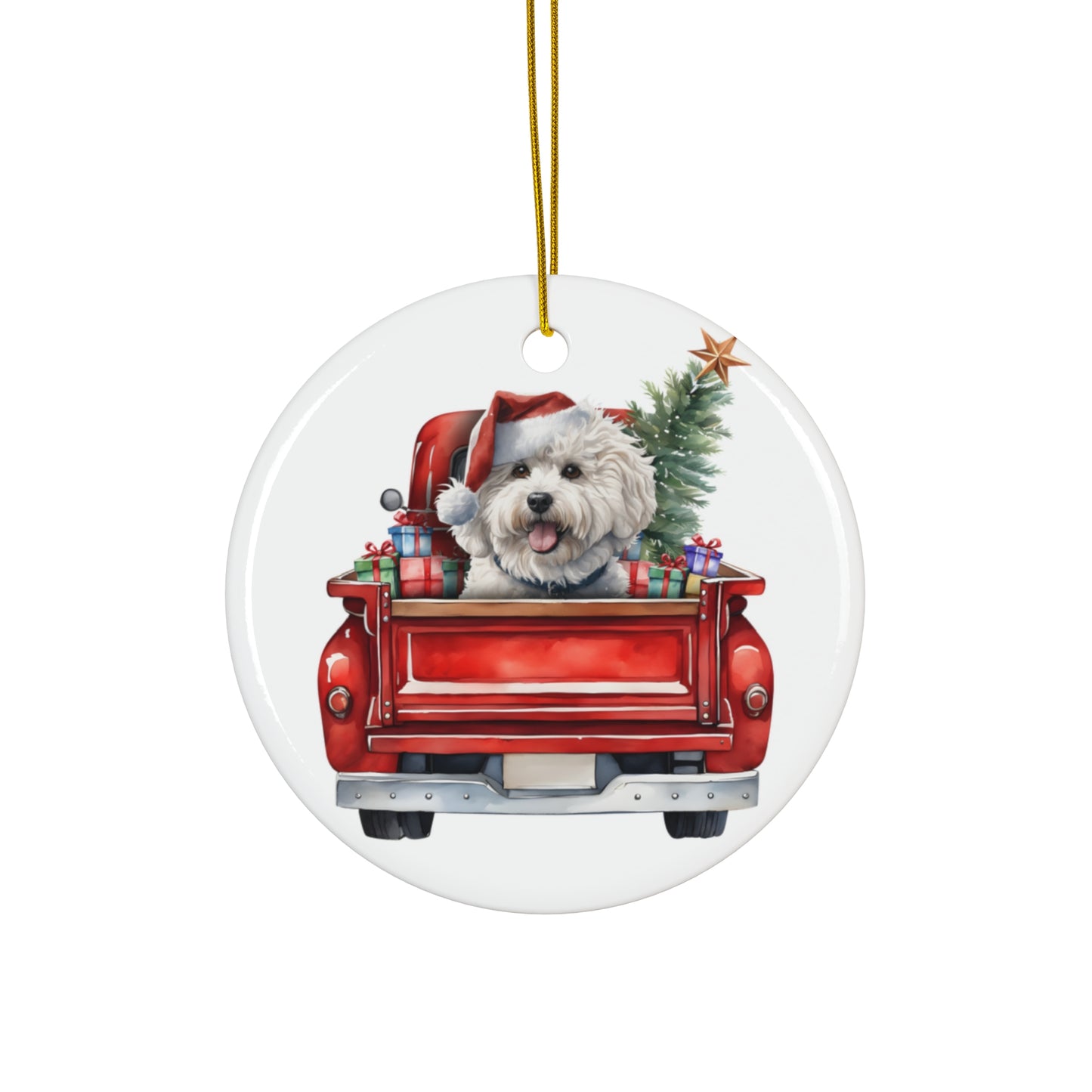 Ceramic Ornament - Bichon Frise Christmas Dog In Red Truck       Item #744871