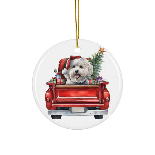 Ceramic Ornament - Bichon Frise Christmas Dog In Red Truck       Item #744871